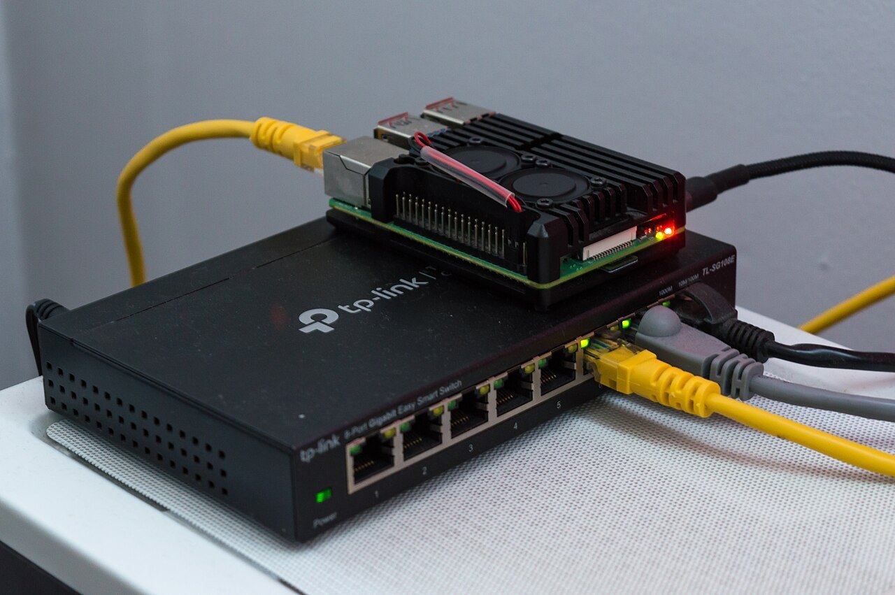 A Raspberry Pi connected to a network switch