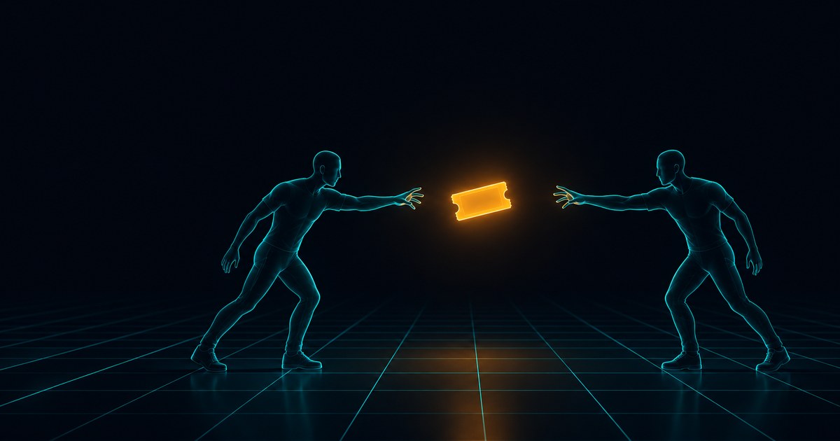 Two wireframe figures on a cyan grid floor reaching for a single glowing amber ticket suspended between them